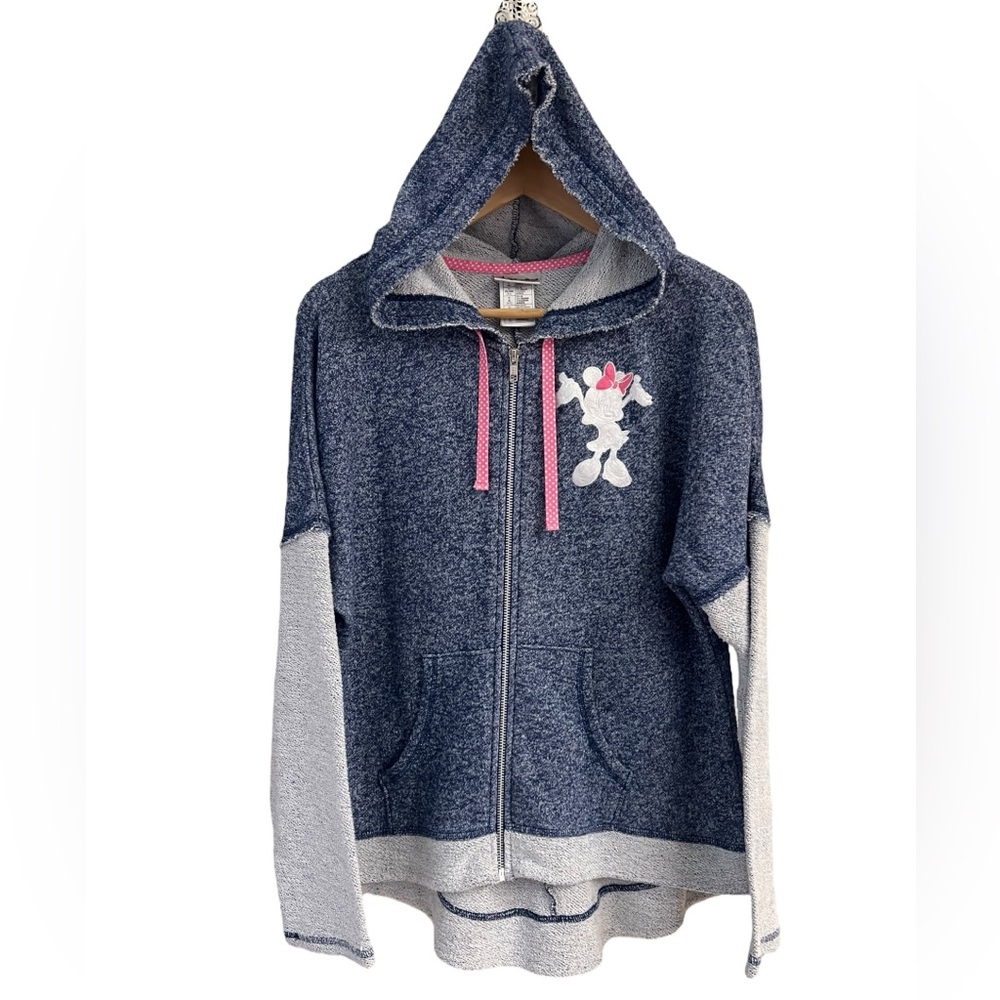 DISNEY PARKS Minnie Mouse Embroidered Full-Zip Hooded Jacket Size L Blue‎ Gray
